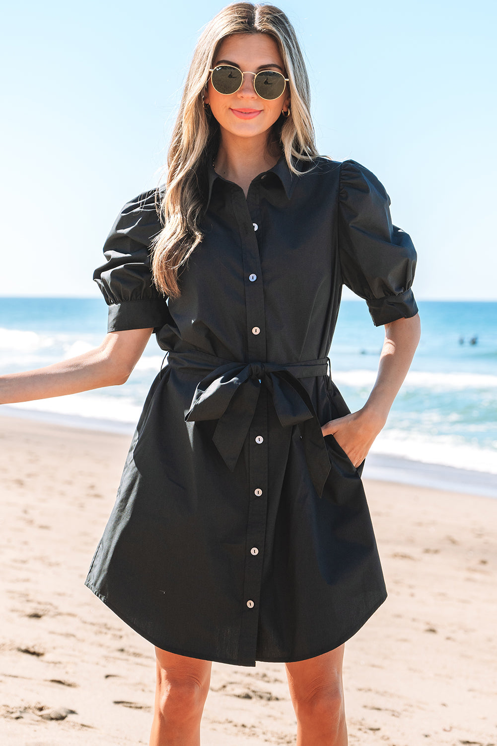 Black Button Up Tie Waist Puff Sleeve Mini Dress-Chaelisa's New Jammies