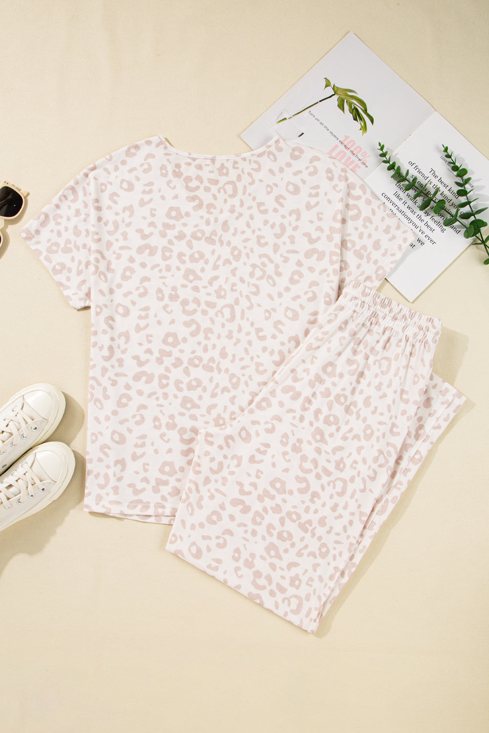Beige Cheetah V Neck Tee and Pants Lounge Set-Chaelisa's New Jammies
