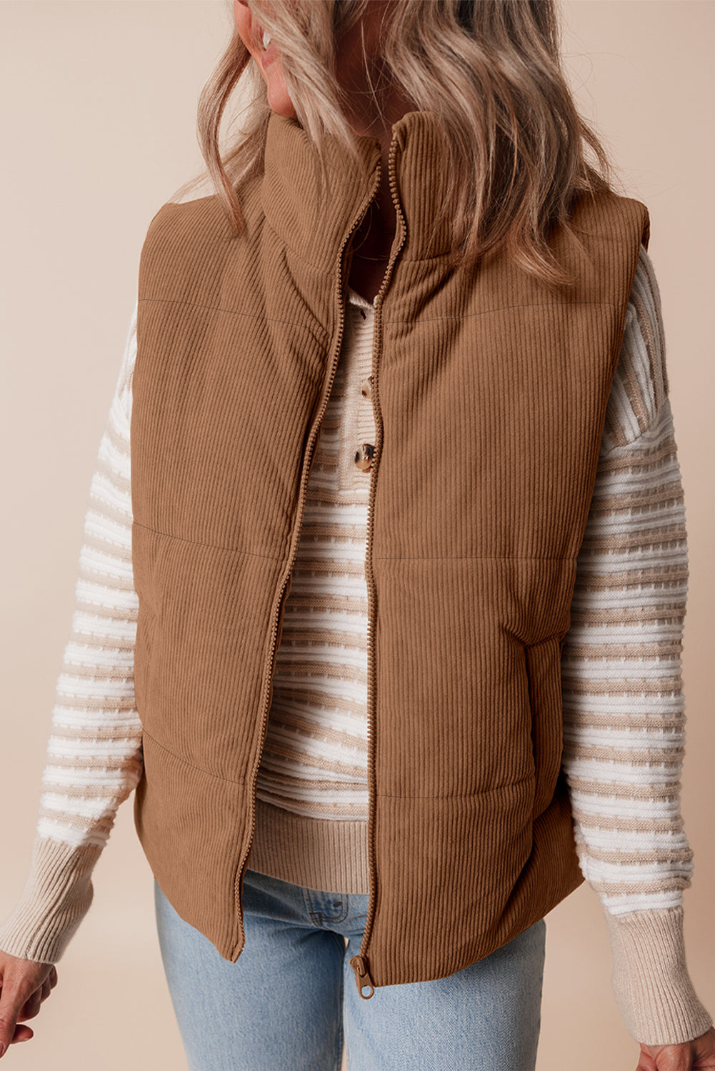 Coffee Corduroy Stand Neck Zipped Puffer Vest-Chaelisa's New Jammies
