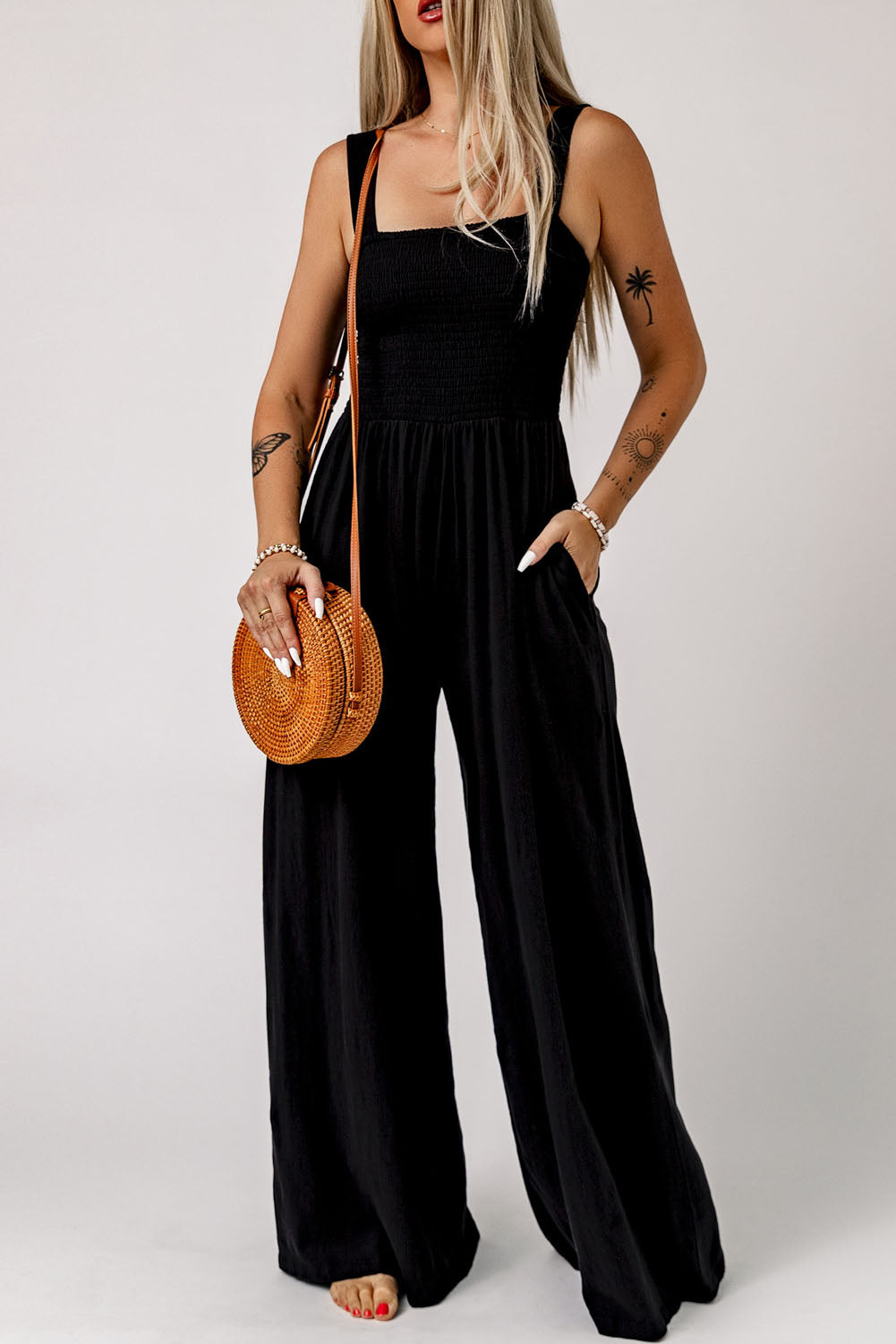 Black Smocked Sleeveless Wide Leg Jumpsuit with Pockets-Chaelisa's New Jammies