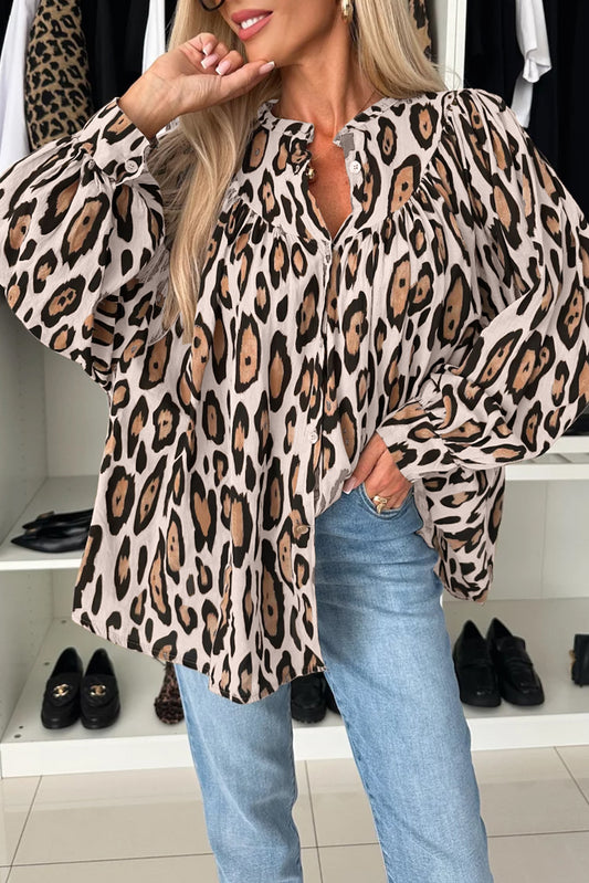 Jet Stream Oversized Leopard Print Balloon Sleeve Casual Shirt-Chaelisa's New Jammies