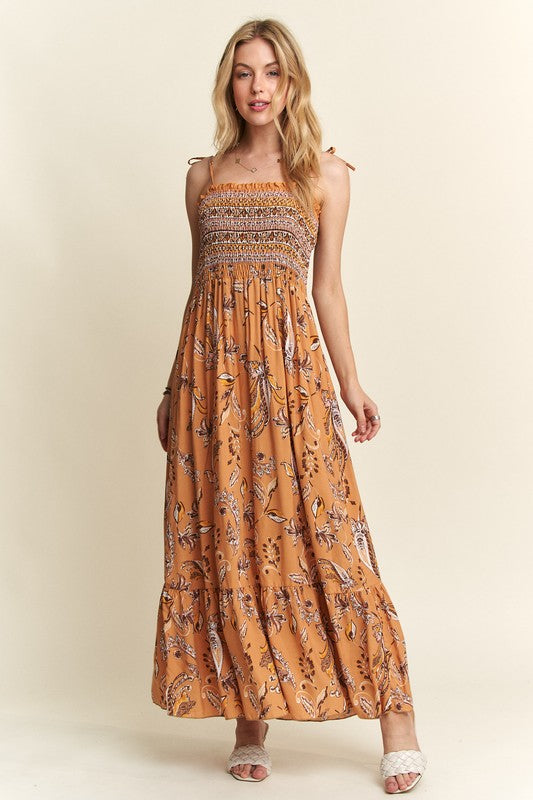 ADORA Smocked Printed Square Neck Tie Shoulder Cami Dress-Chaelisa's New Jammies