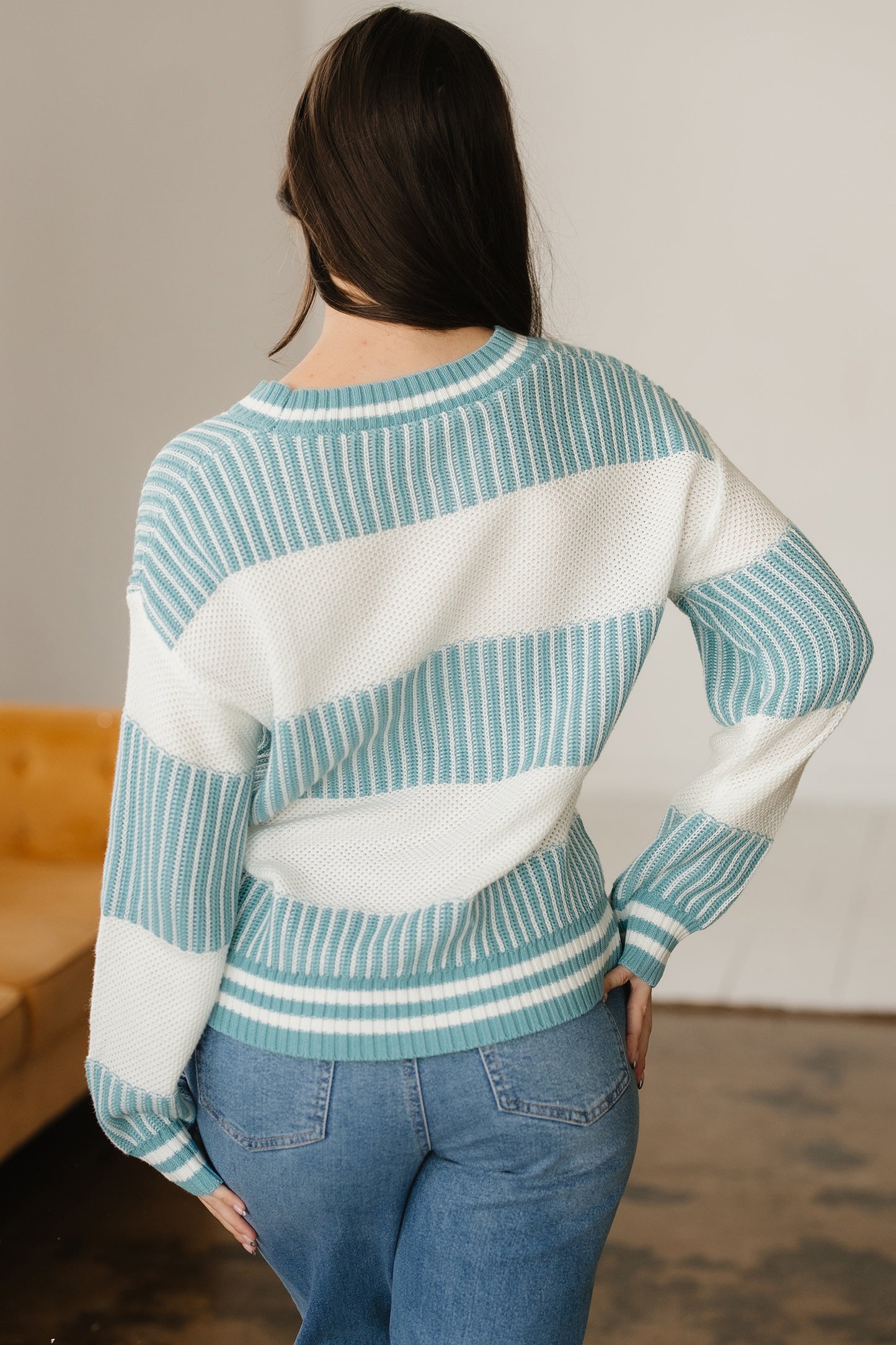 Light Blue Two Tone Striped Patchwork Drop Shoulder Loose Sweater