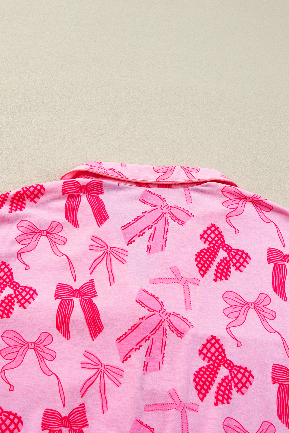 Pink Bow Knot Print Lapel Collar Short Sleeve and Pants Pajamas Set-Chaelisa's New Jammies