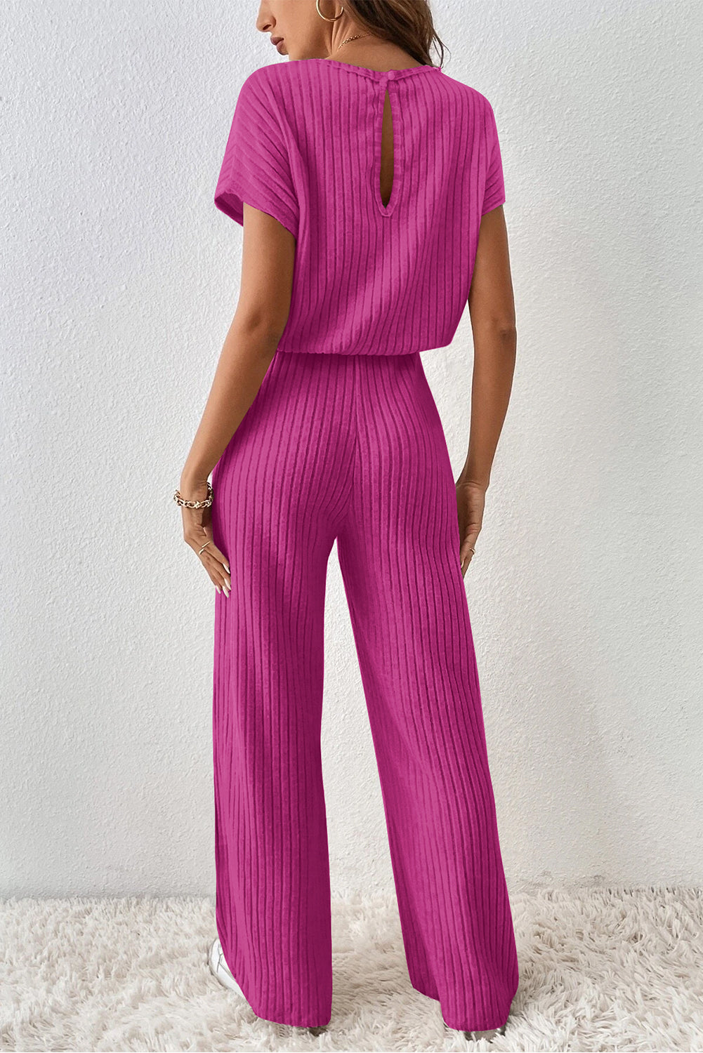 Rose Red Solid Color Ribbed Short Sleeve Wide Leg Jumpsuit-Chaelisa's New Jammies