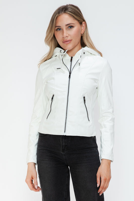 Snobbish Faux Leather Zip Up Drawstring Hooded Jacket-Chaelisa's New Jammies