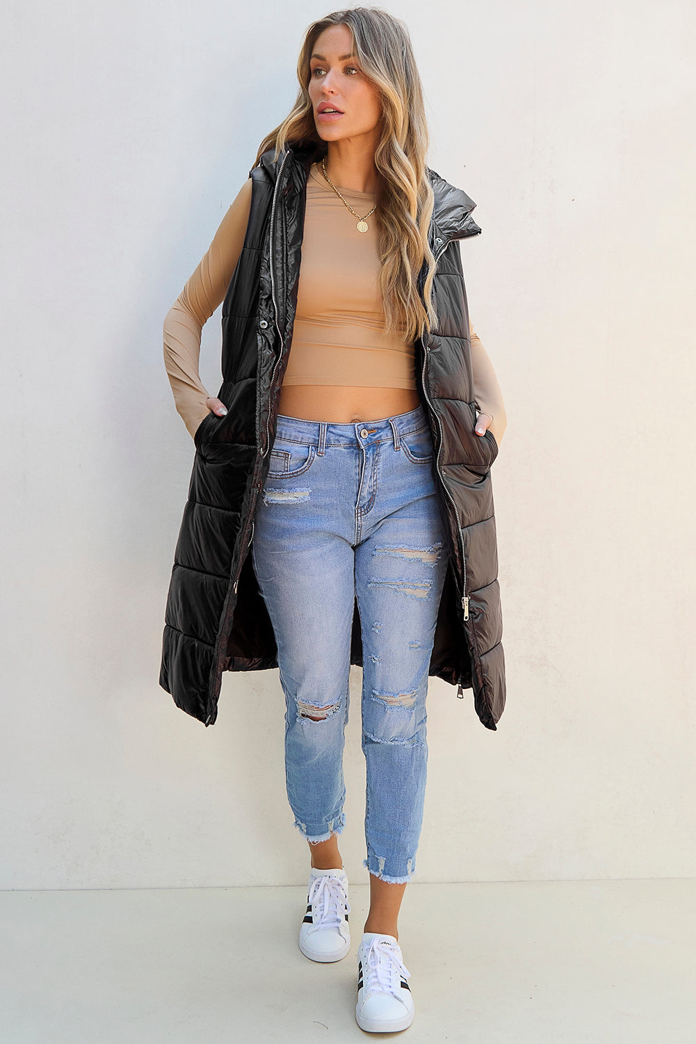Black Hooded Long Quilted Vest Coat-Chaelisa's New Jammies