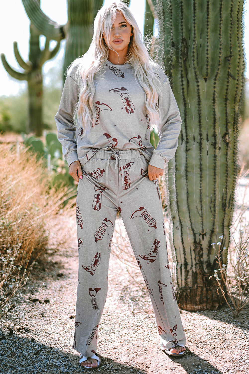 Gray Cowgirl Boots Printed Long Sleeve Top Pants Lounge Set-Chaelisa's New Jammies