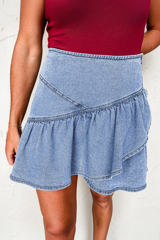 Beau Blue Asymmetric Ruffle Overlay Denim Mini Skirt - Chaelisa's New Jammies