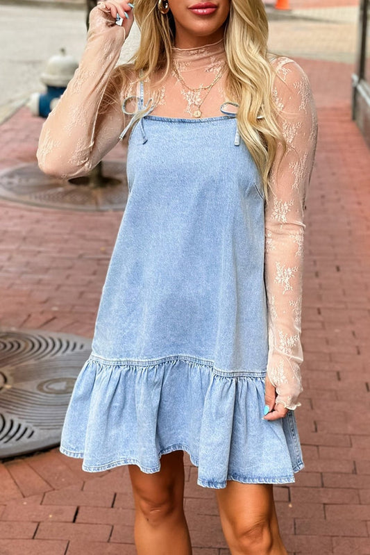 Beau Blue Bow Detail Spaghetti Straps Ruffle Hem Denim Short Dress - Chaelisa's New Jammies