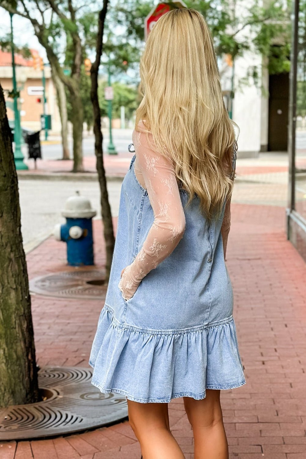 Beau Blue Bow Detail Spaghetti Straps Ruffle Hem Denim Short Dress - Chaelisa's New Jammies