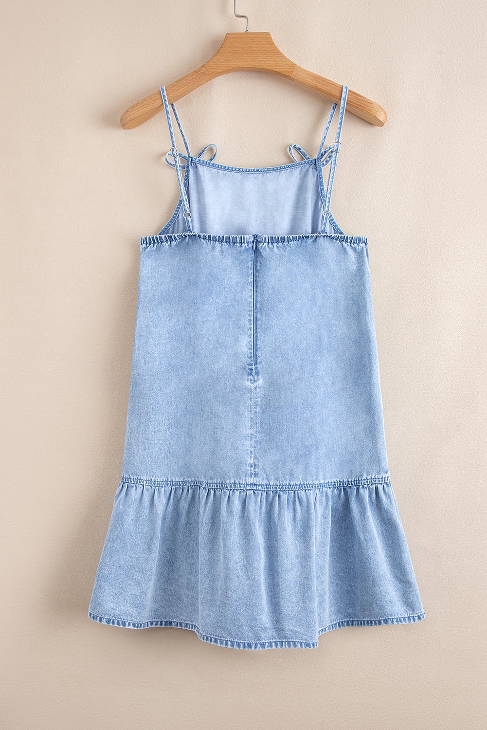 Beau Blue Bow Detail Spaghetti Straps Ruffle Hem Denim Short Dress - Chaelisa's New Jammies