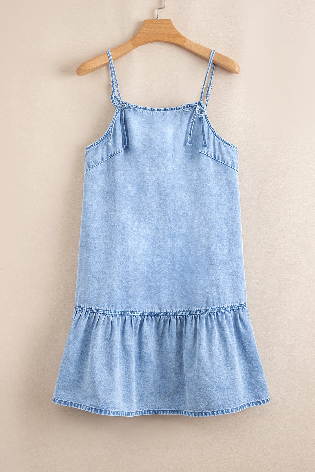 Beau Blue Bow Detail Spaghetti Straps Ruffle Hem Denim Short Dress - Chaelisa's New Jammies
