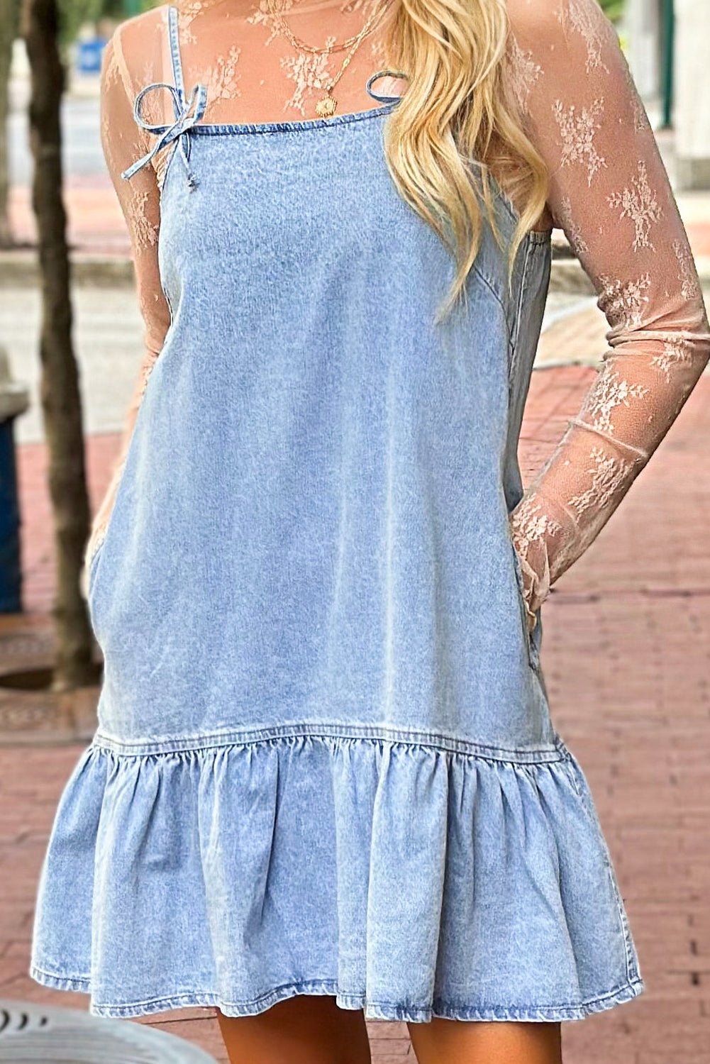 Beau Blue Bow Detail Spaghetti Straps Ruffle Hem Denim Short Dress - Chaelisa's New Jammies