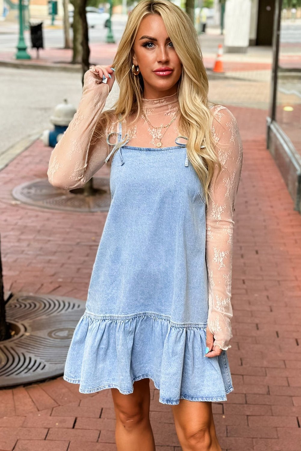 Beau Blue Bow Detail Spaghetti Straps Ruffle Hem Denim Short Dress - Chaelisa's New Jammies