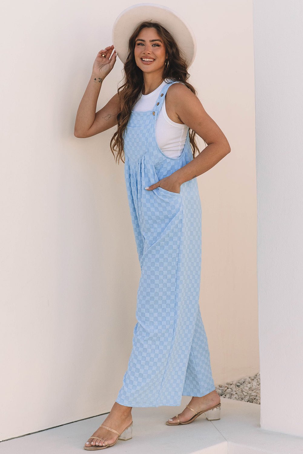 Beau Blue Checkered Pocketed High Waist Wide Leg Overall - Chaelisa's New Jammies