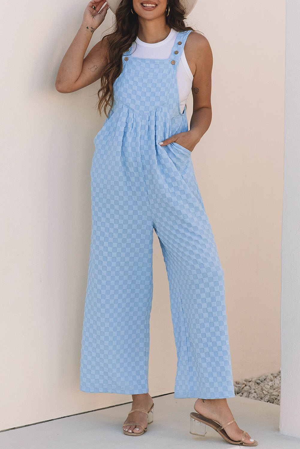 Beau Blue Checkered Pocketed High Waist Wide Leg Overall - Chaelisa's New Jammies