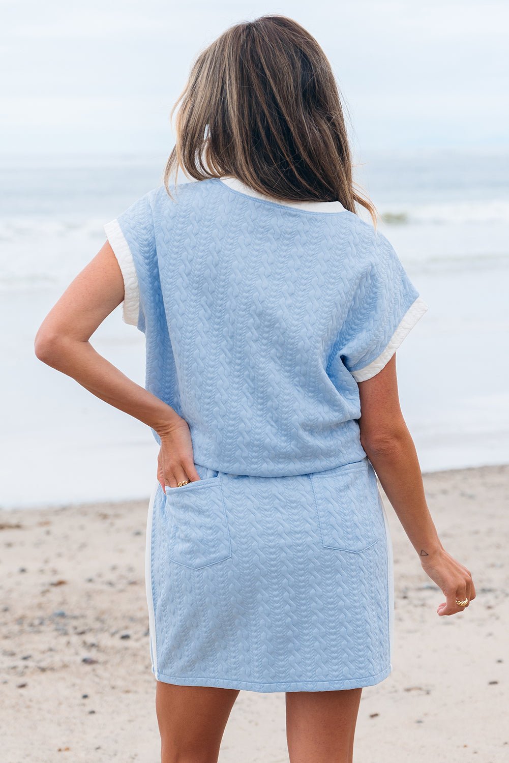 Beau Blue Contrast Trim Textured Crewneck Tee and Pocketed Skirt Set - Chaelisa's New Jammies