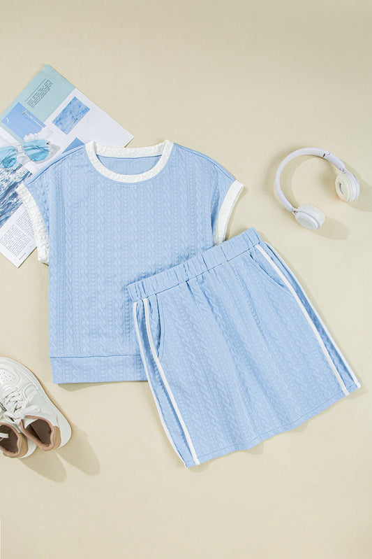 Beau Blue Contrast Trim Textured Crewneck Tee and Pocketed Skirt Set - Chaelisa's New Jammies