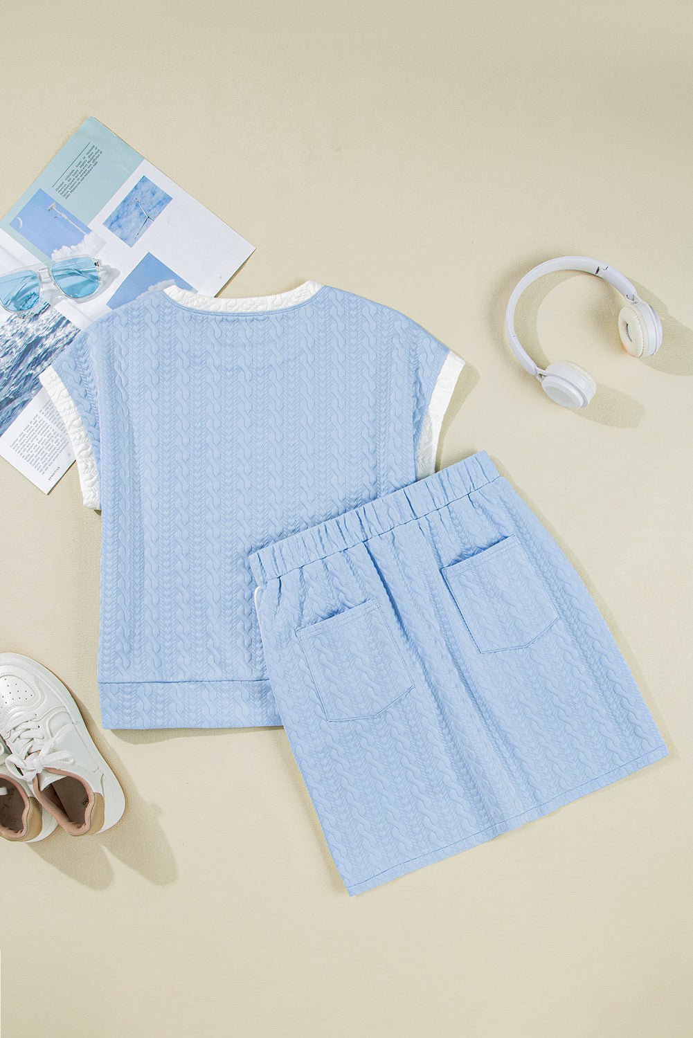 Beau Blue Contrast Trim Textured Crewneck Tee and Pocketed Skirt Set - Chaelisa's New Jammies