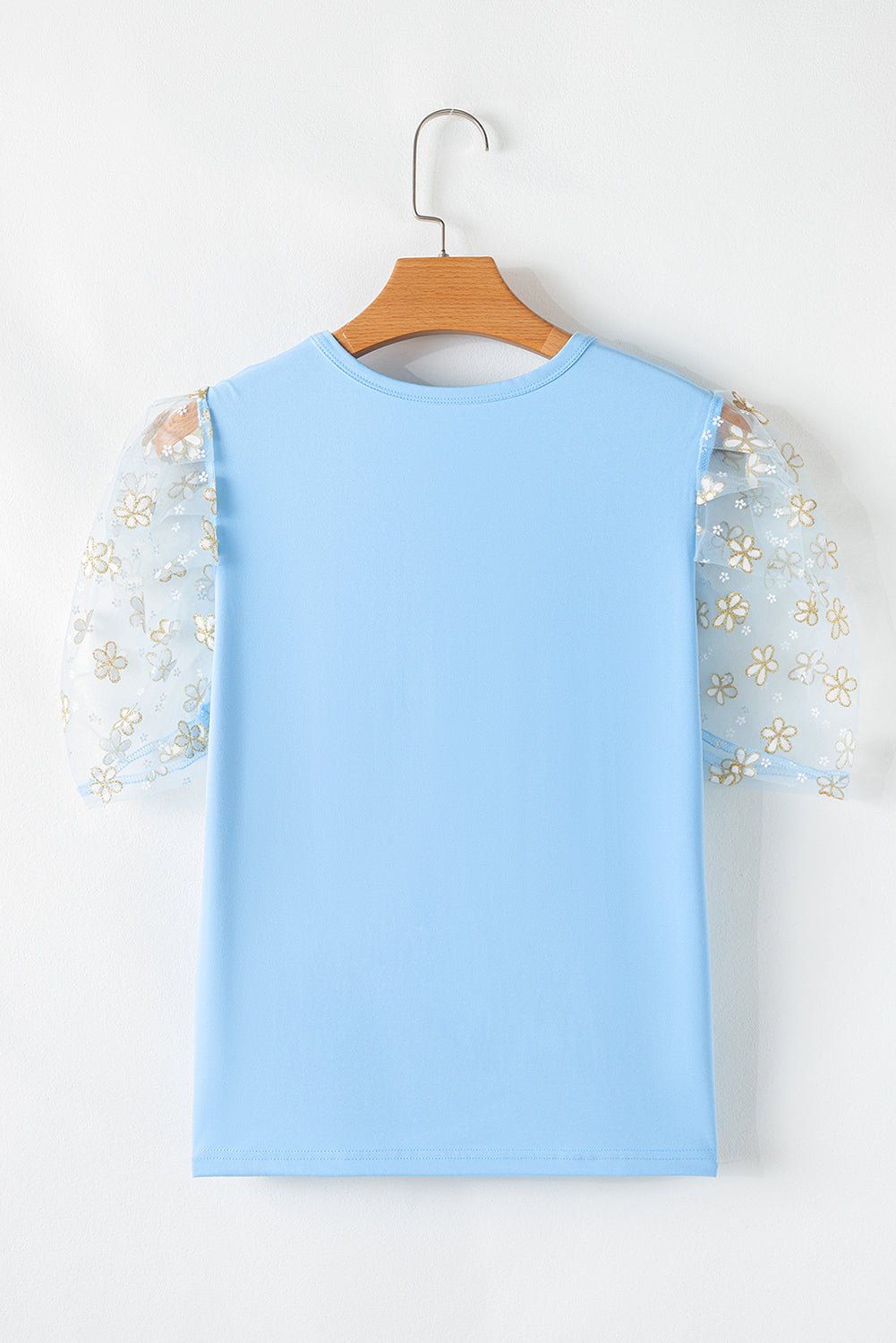 Beau Blue Floral Mesh Puff Sleeve Crew Neck Top - Chaelisa's New Jammies