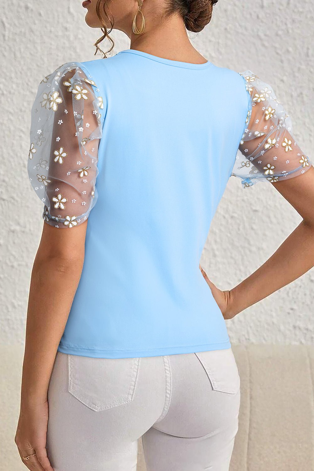 Beau Blue Floral Mesh Puff Sleeve Crew Neck Top - Chaelisa's New Jammies