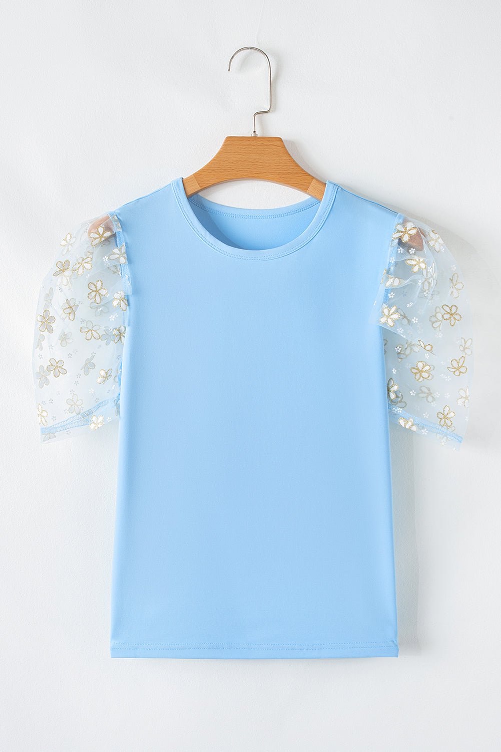 Beau Blue Floral Mesh Puff Sleeve Crew Neck Top - Chaelisa's New Jammies