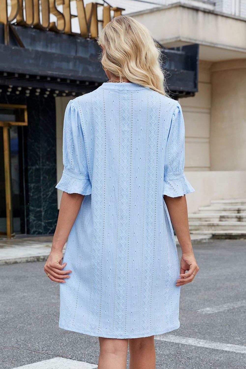 Beau Blue Jacquard Texture Flared Short Sleeve Notched Neck Mini Dress - Chaelisa's New Jammies