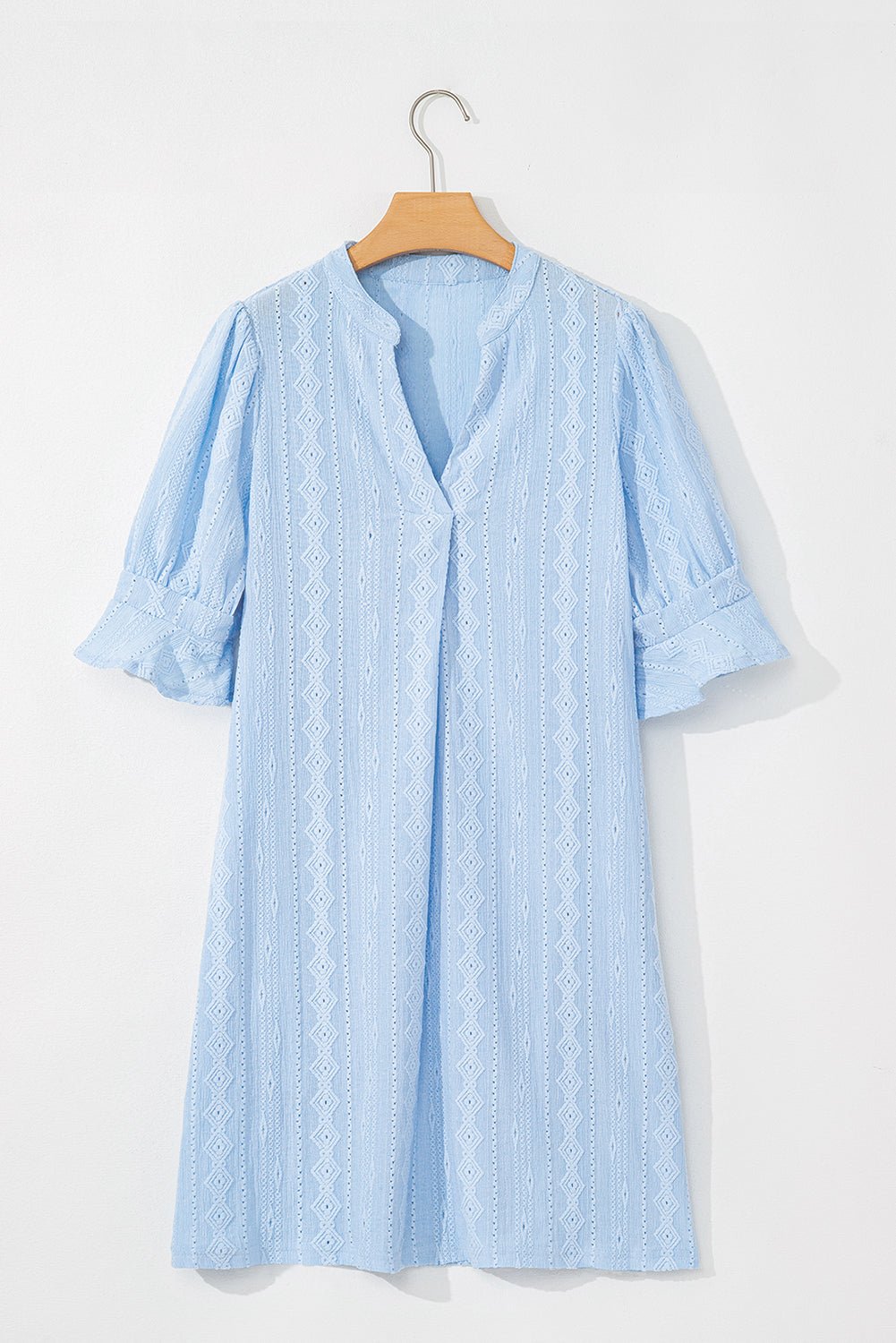 Beau Blue Jacquard Texture Flared Short Sleeve Notched Neck Mini Dress - Chaelisa's New Jammies