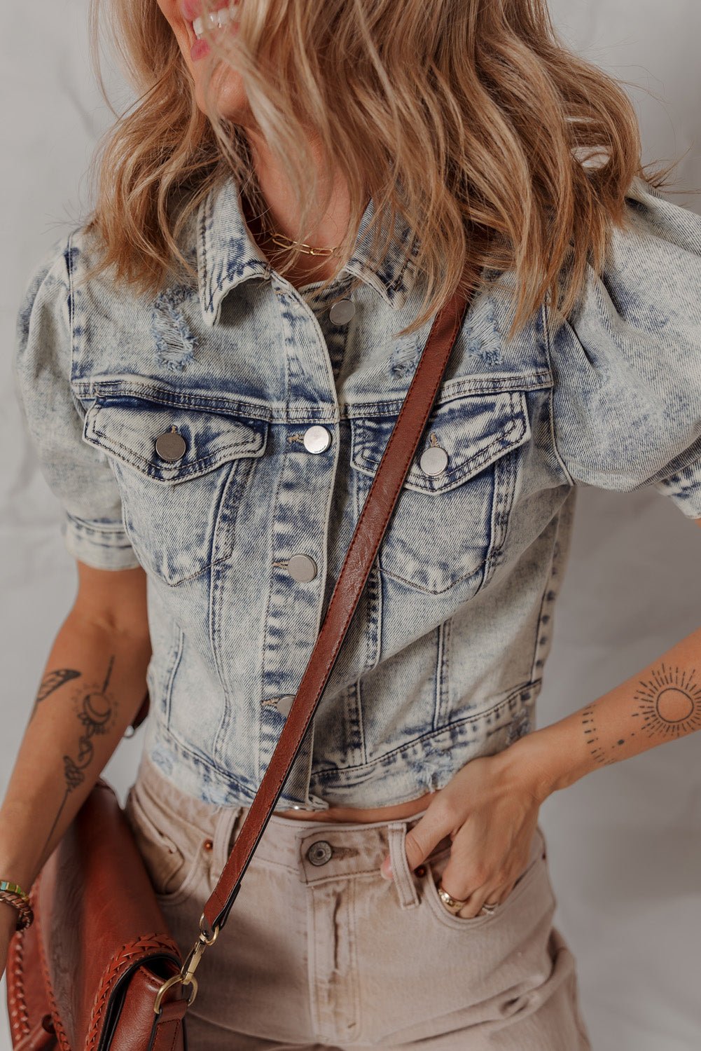 Beau Blue Light Wash Buttoned Chest Pocket Puff Sleeve Denim Jacket - Chaelisa's New Jammies
