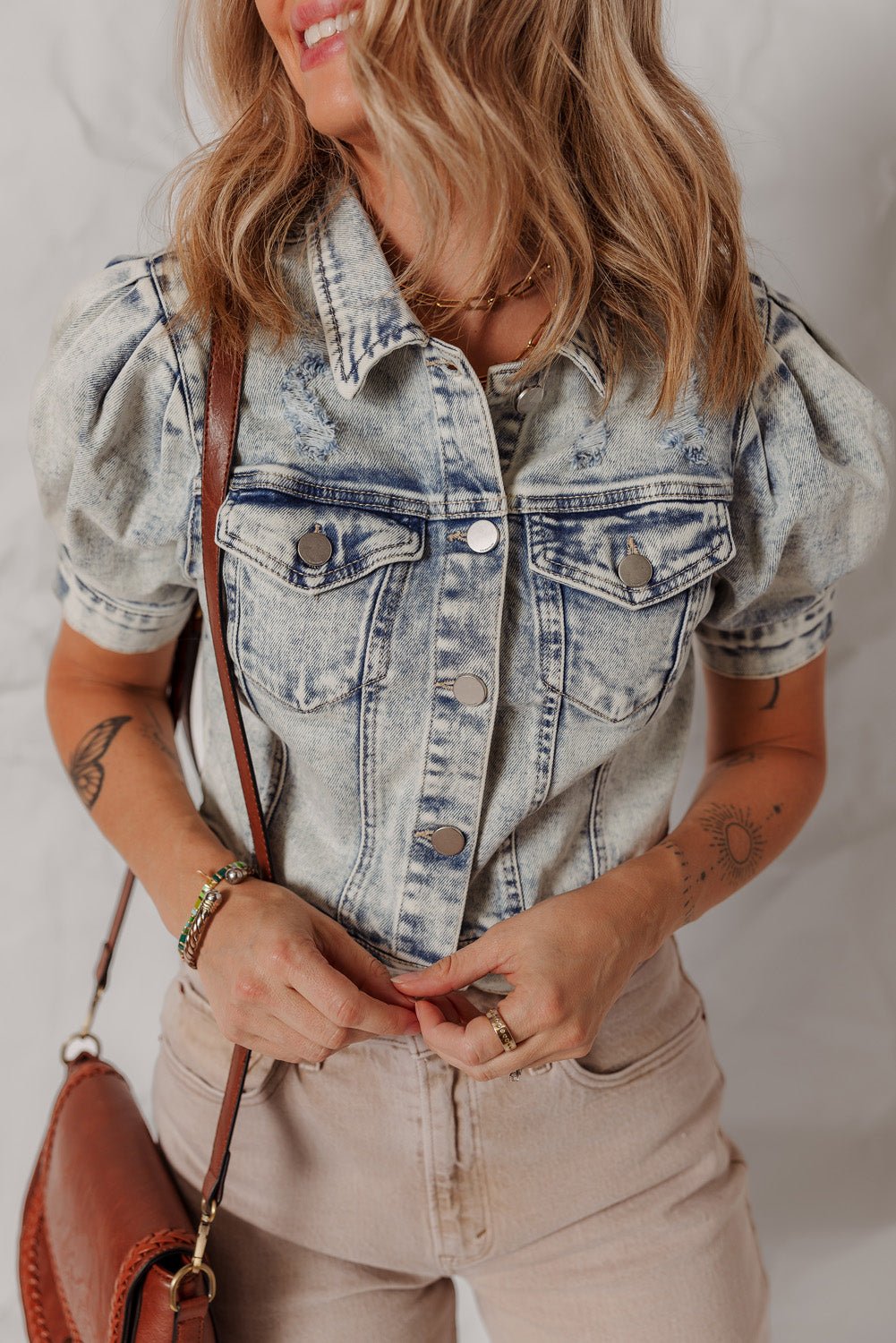 Beau Blue Light Wash Buttoned Chest Pocket Puff Sleeve Denim Jacket - Chaelisa's New Jammies