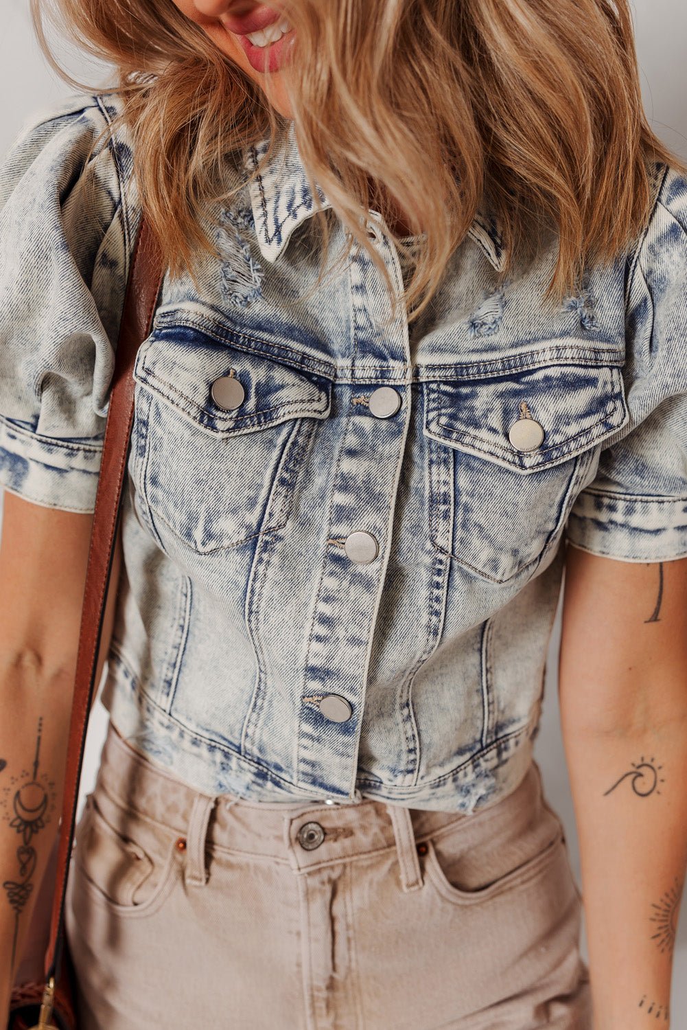 Beau Blue Light Wash Buttoned Chest Pocket Puff Sleeve Denim Jacket - Chaelisa's New Jammies