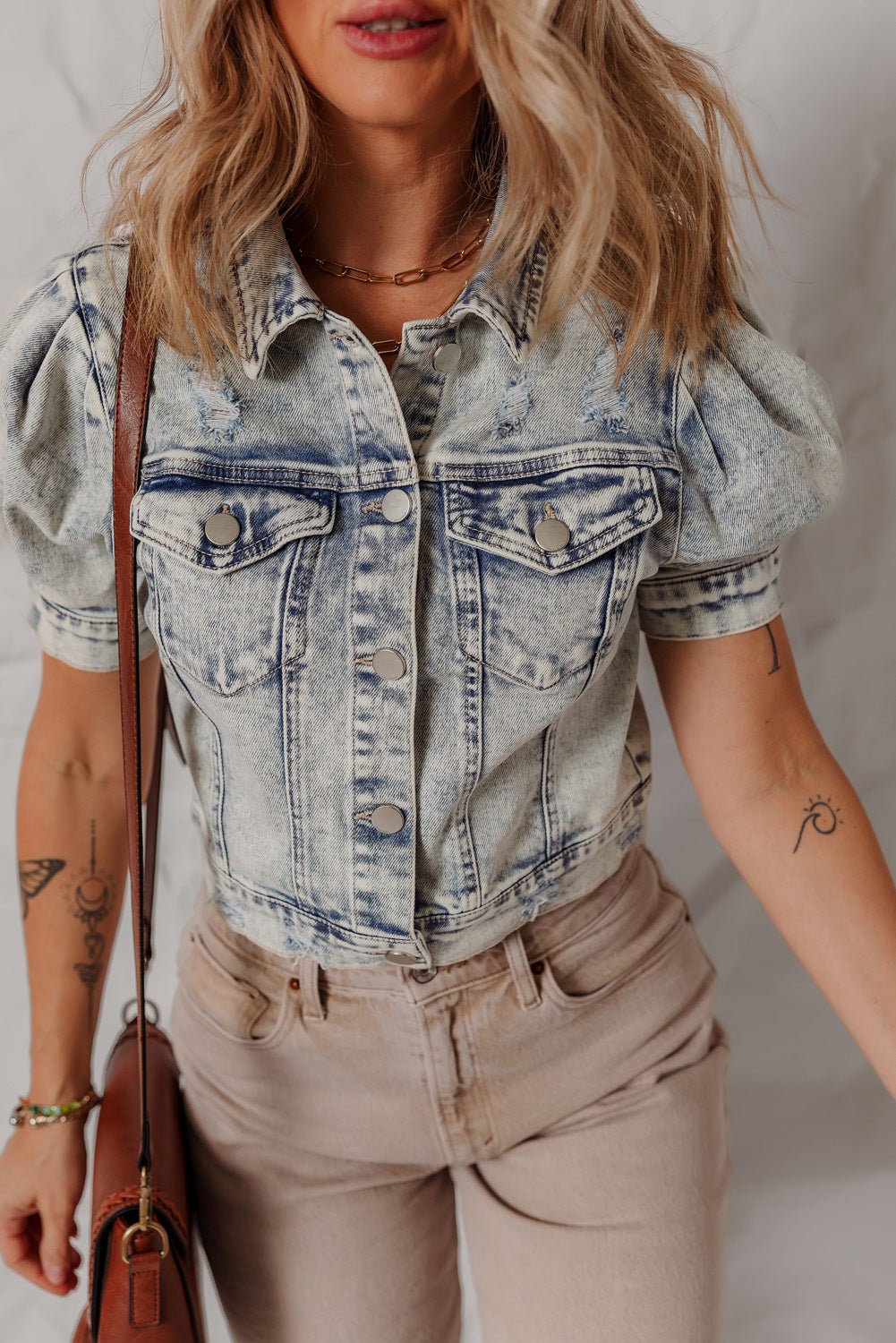 Beau Blue Light Wash Buttoned Chest Pocket Puff Sleeve Denim Jacket - Chaelisa's New Jammies