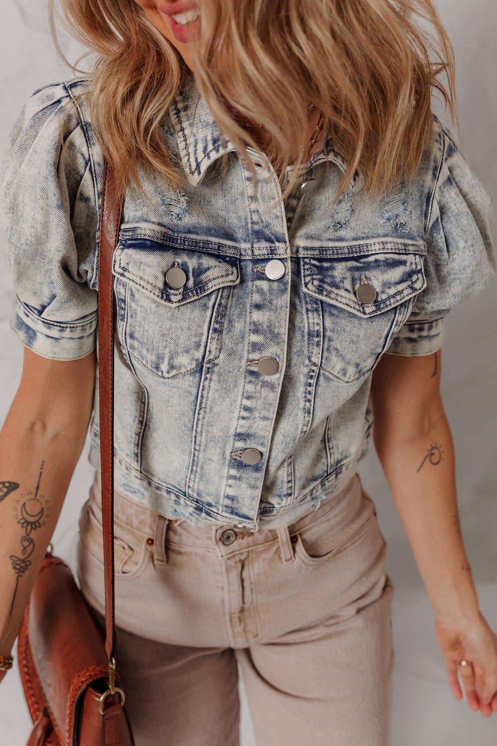 Beau Blue Light Wash Buttoned Chest Pocket Puff Sleeve Denim Jacket - Chaelisa's New Jammies