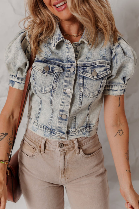 Beau Blue Light Wash Buttoned Chest Pocket Puff Sleeve Denim Jacket - Chaelisa's New Jammies