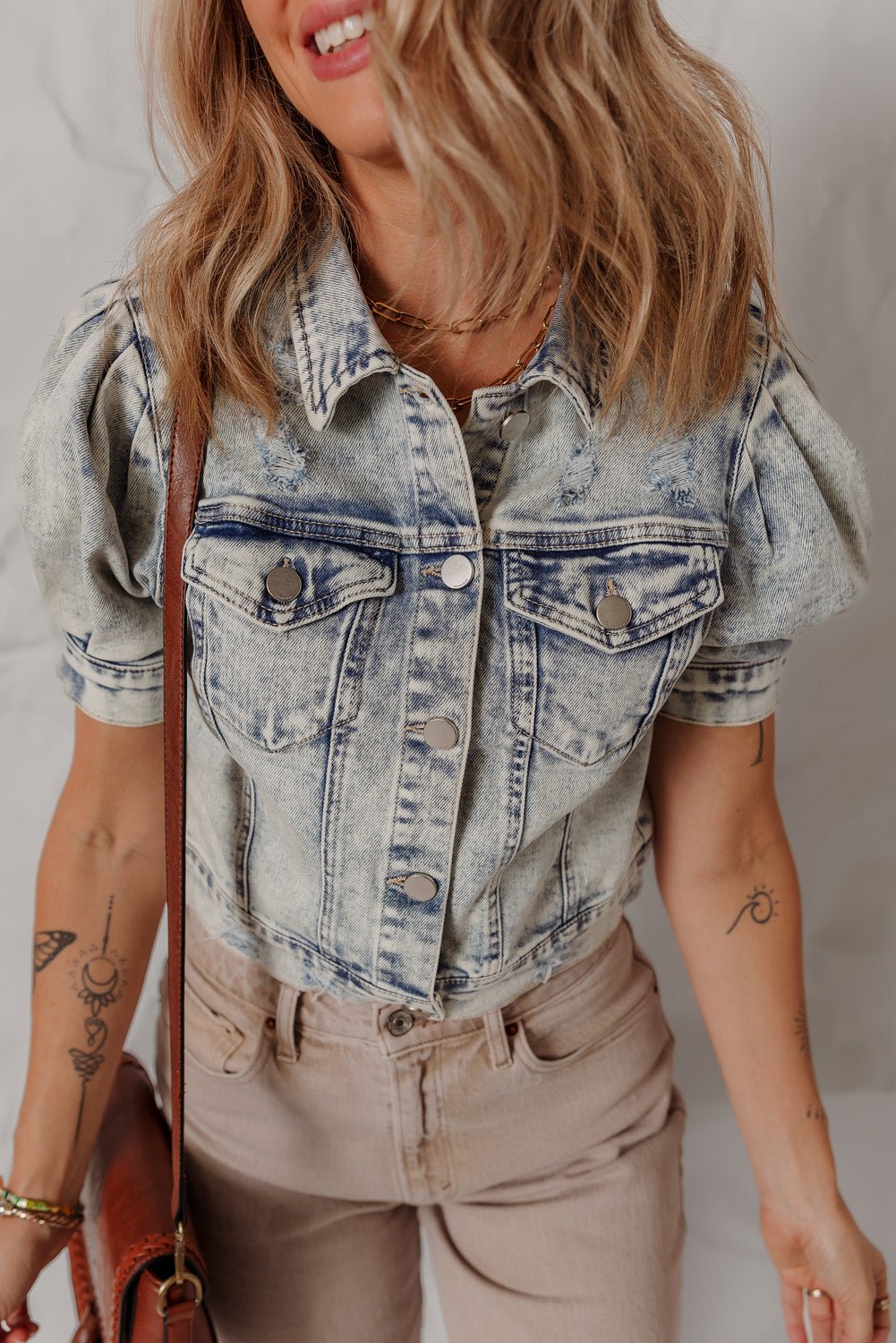Beau Blue Light Wash Buttoned Chest Pocket Puff Sleeve Denim Jacket - Chaelisa's New Jammies