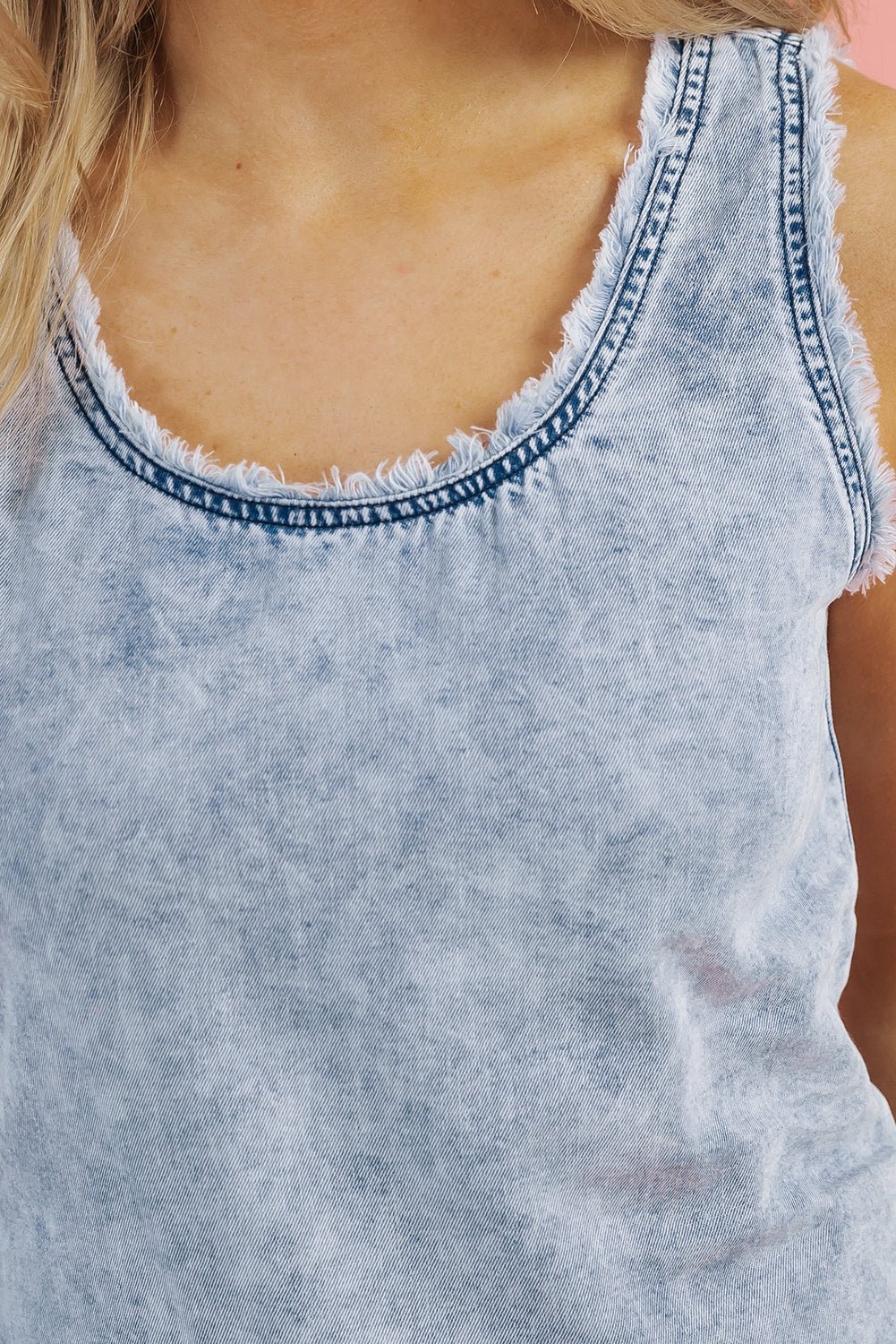 Beau Blue Mineral Wash Denim Frayed U Neck Sleeveless Top - Chaelisa's New Jammies
