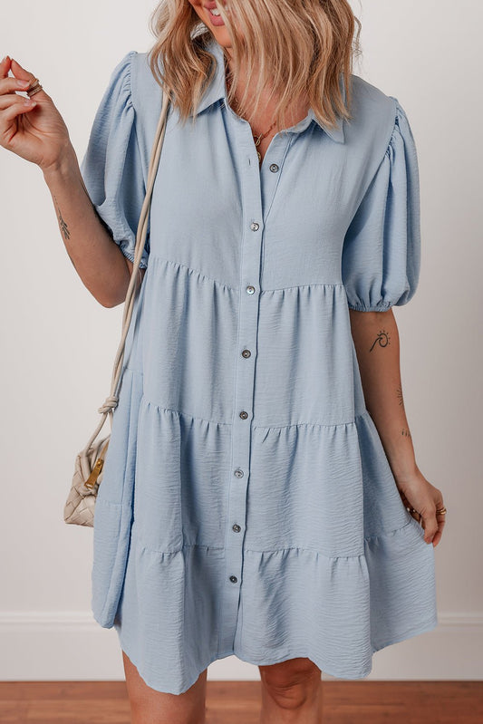 Beau Blue Shirt Collar Button Up Short Puff Sleeve Tiered Shift Dress - Chaelisa's New Jammies
