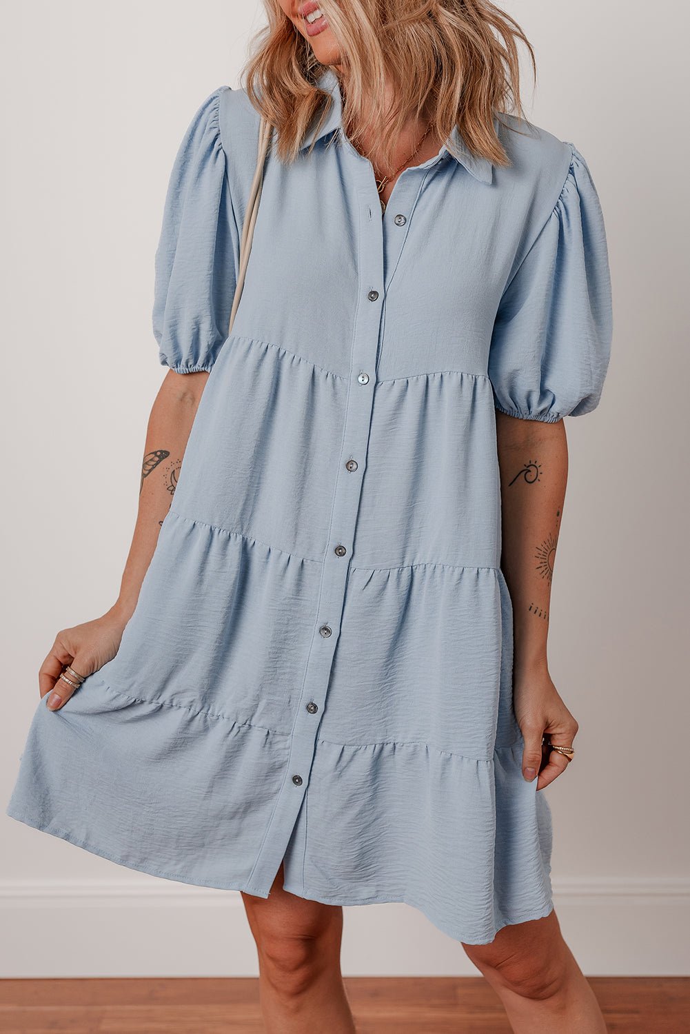 Beau Blue Shirt Collar Button Up Short Puff Sleeve Tiered Shift Dress - Chaelisa's New Jammies