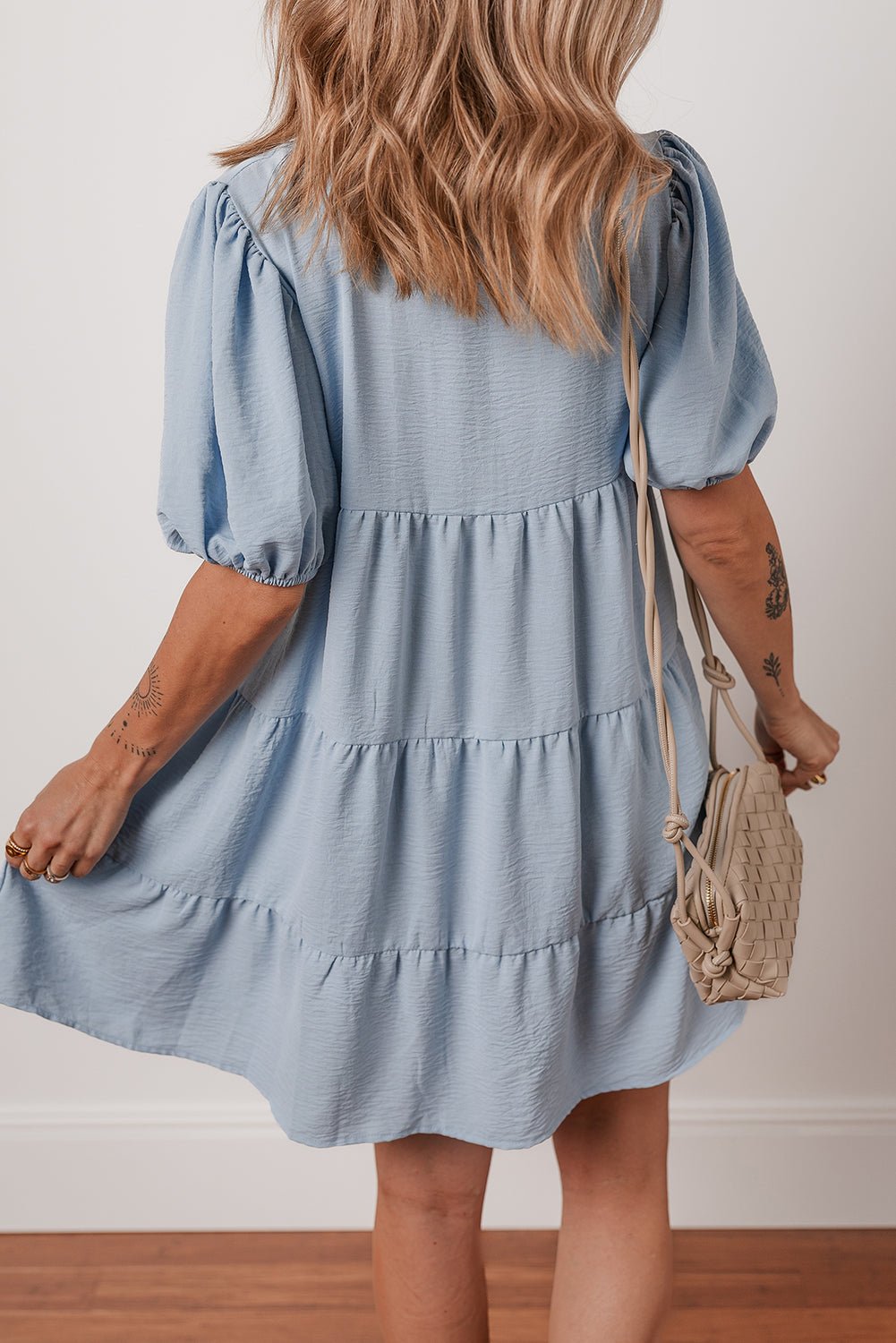 Beau Blue Shirt Collar Button Up Short Puff Sleeve Tiered Shift Dress - Chaelisa's New Jammies