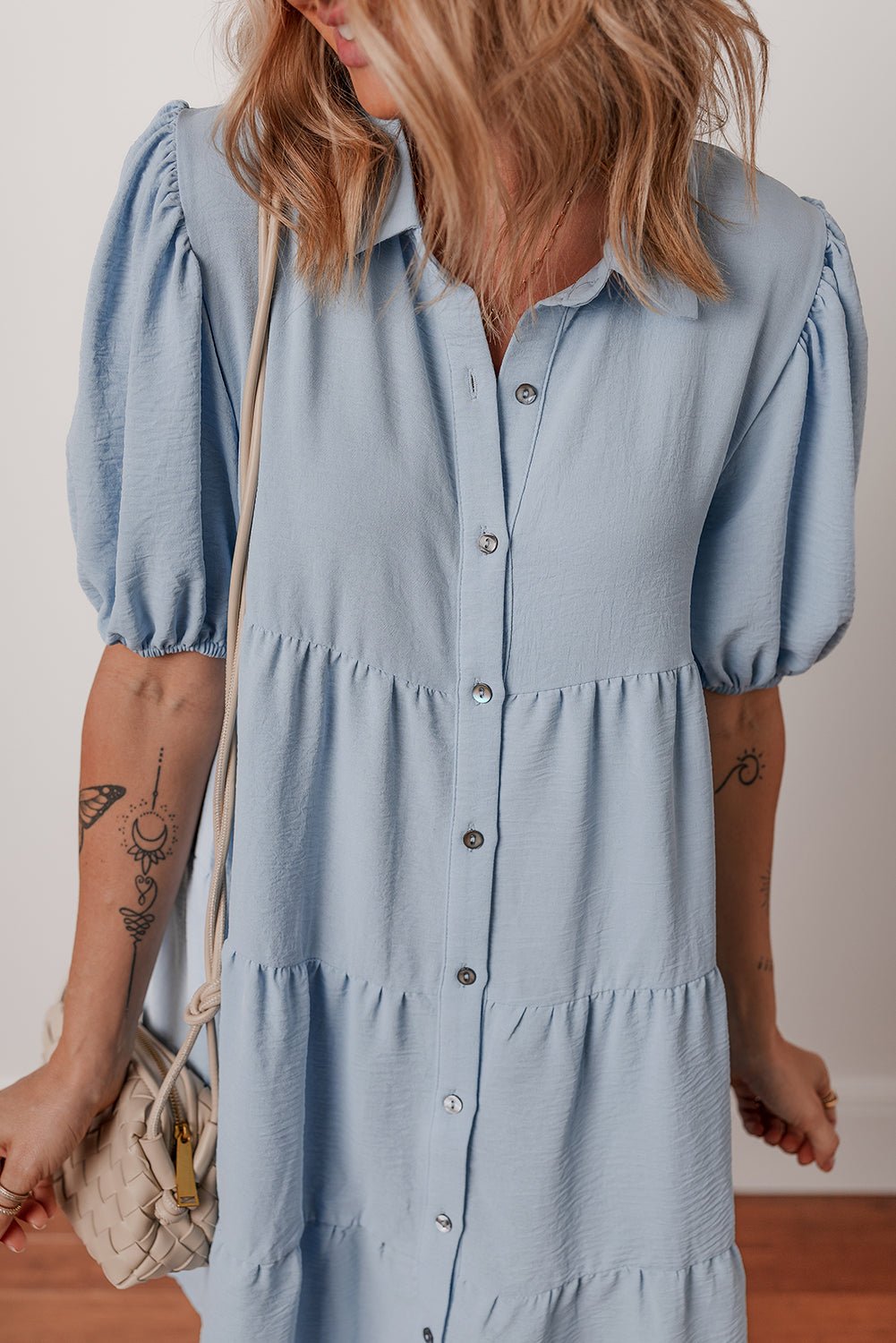 Beau Blue Shirt Collar Button Up Short Puff Sleeve Tiered Shift Dress - Chaelisa's New Jammies