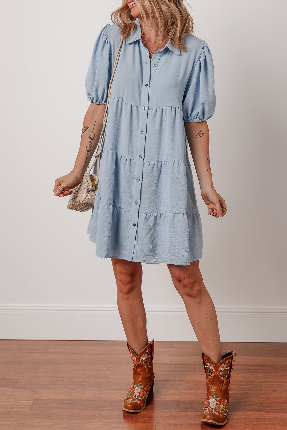 Beau Blue Shirt Collar Button Up Short Puff Sleeve Tiered Shift Dress - Chaelisa's New Jammies