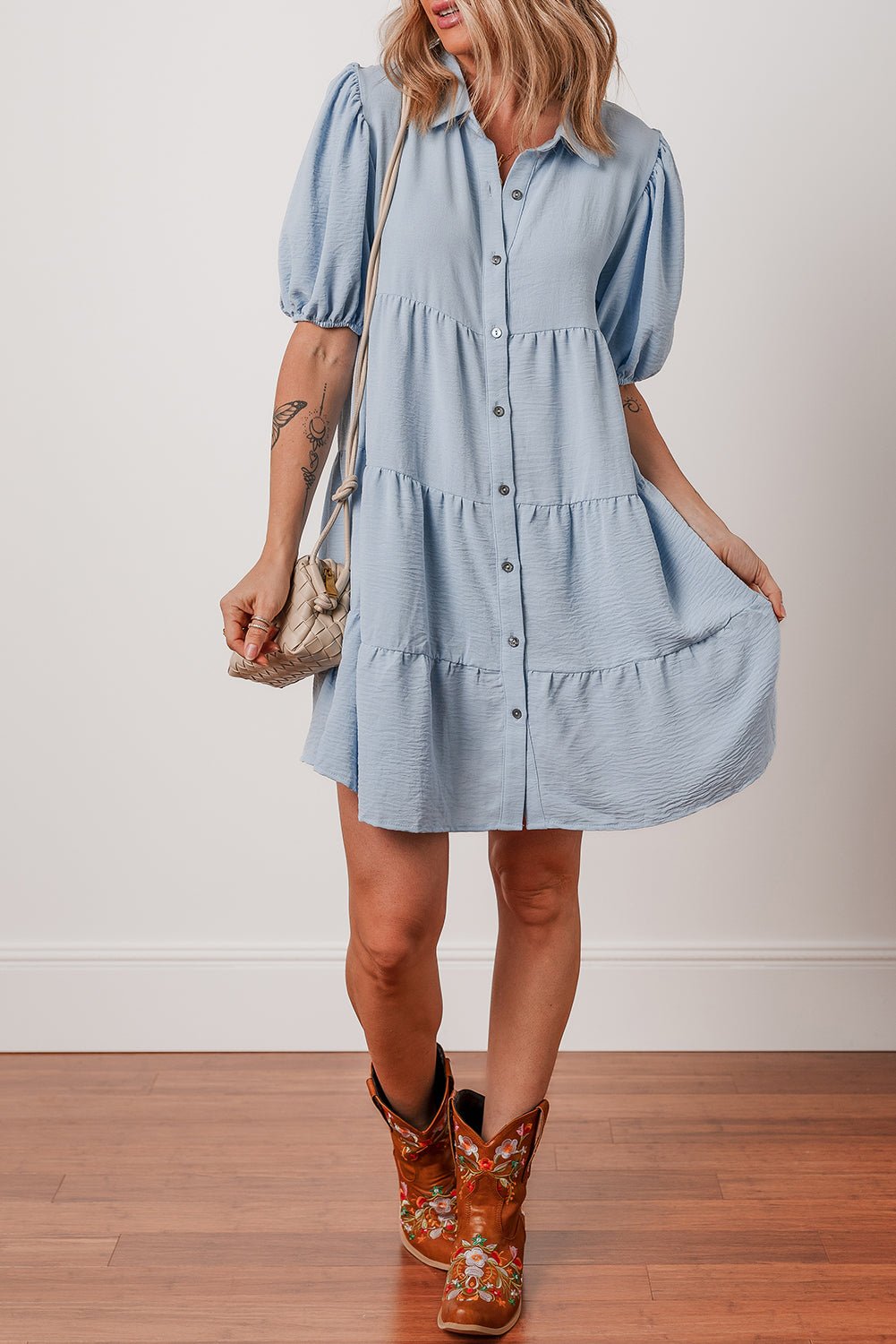 Beau Blue Shirt Collar Button Up Short Puff Sleeve Tiered Shift Dress - Chaelisa's New Jammies