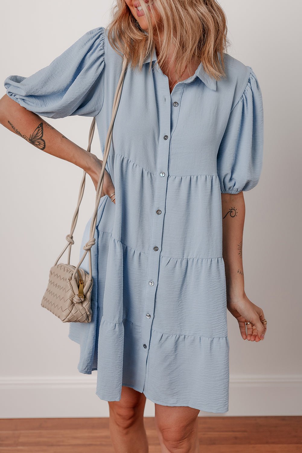 Beau Blue Shirt Collar Button Up Short Puff Sleeve Tiered Shift Dress - Chaelisa's New Jammies