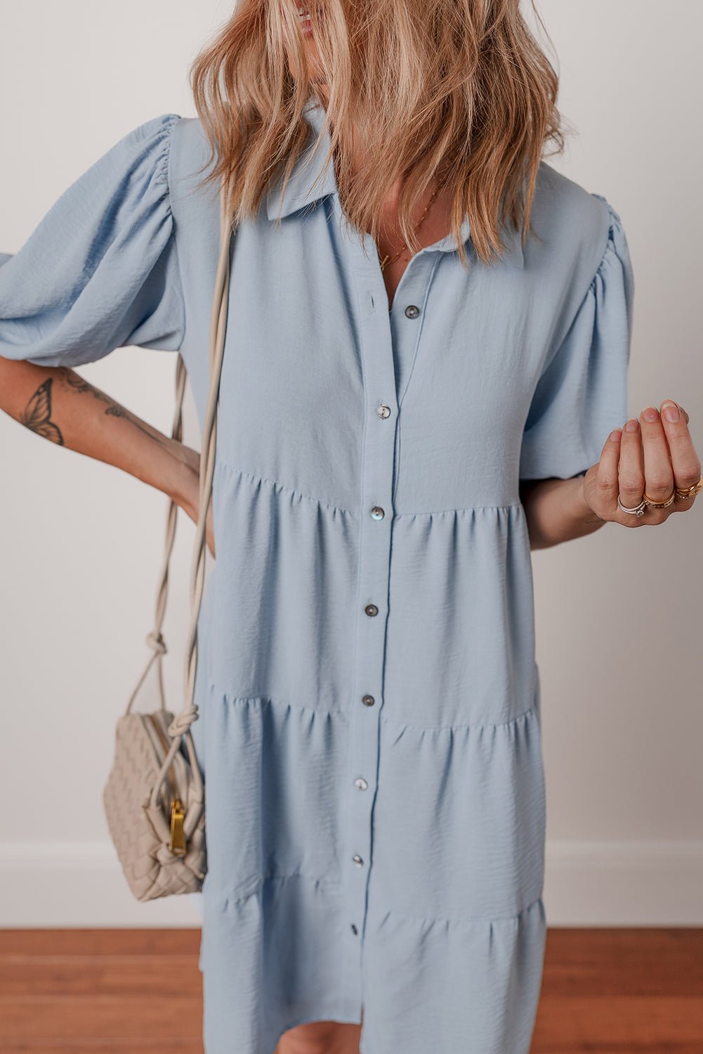 Beau Blue Shirt Collar Button Up Short Puff Sleeve Tiered Shift Dress - Chaelisa's New Jammies