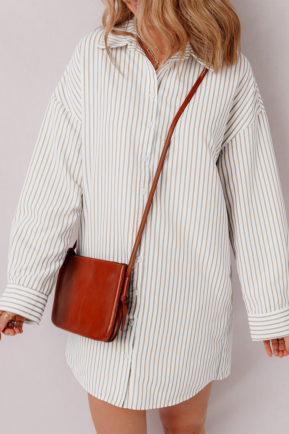 Khaki Stripe Long Sleeve Button Up Mini Shirt Dress-Chaelisa's New Jammies