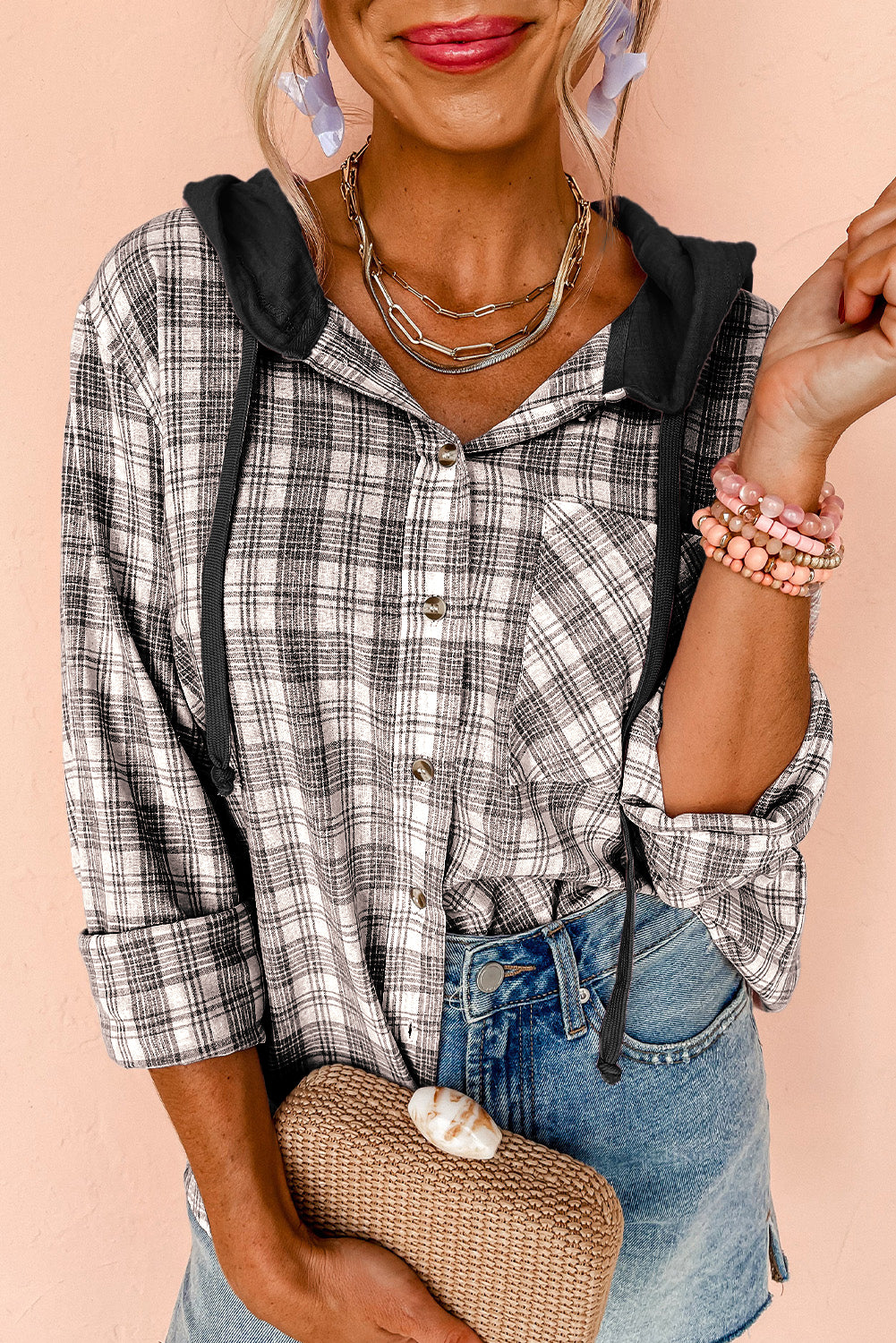 Black Checkered Print Loose Fit Buttoned Hooded Shacket-Chaelisa's New Jammies