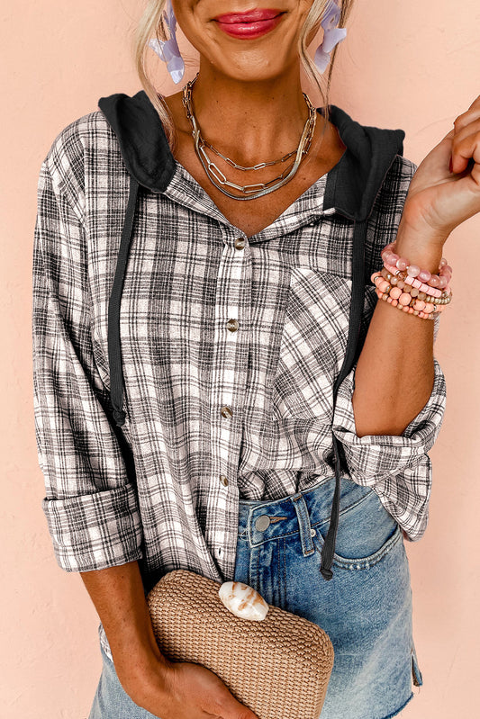 Black Checkered Print Loose Fit Buttoned Hooded Shacket-Chaelisa's New Jammies