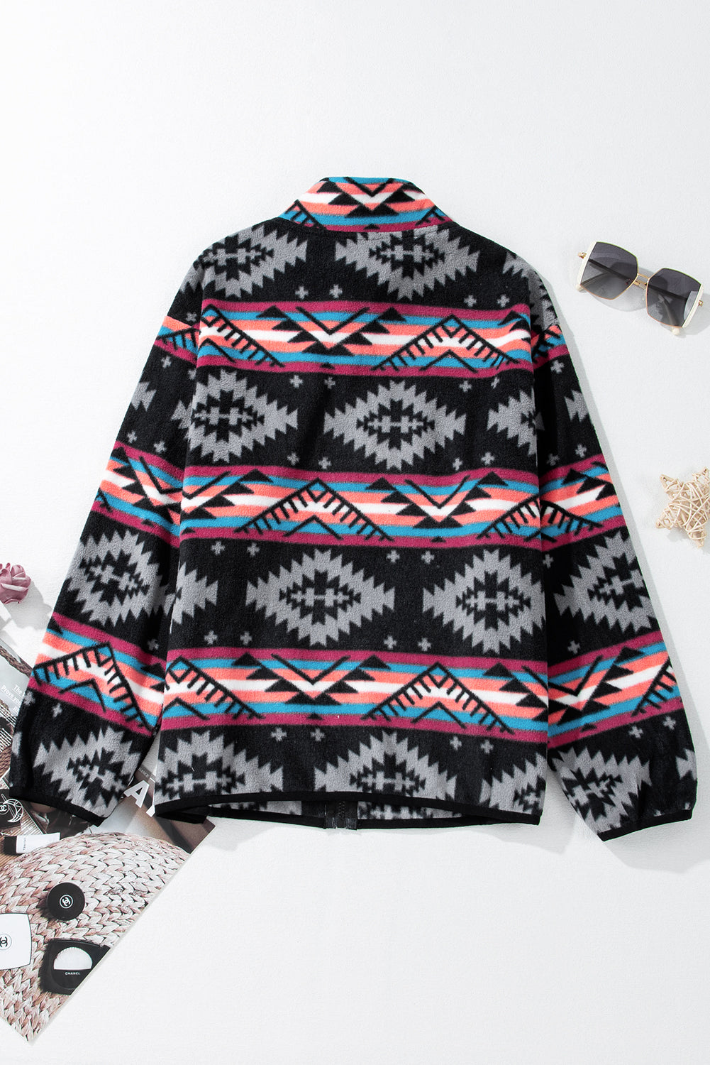 Black Aztec Printed Zip Up Collar Jacket-Chaelisa's New Jammies