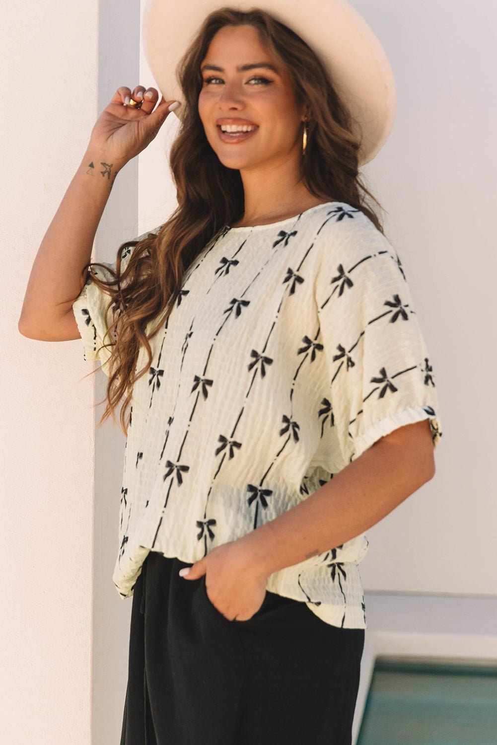 Beige Bow Print Puff Short Sleeve Top - Chaelisa's New Jammies